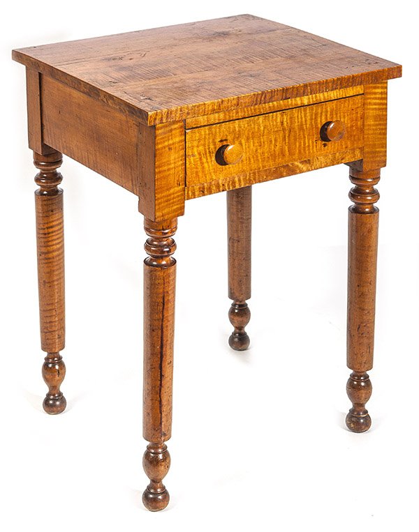 Ohio Curly Maple Sheraton Stand: With single dovetailed drawer, nicely turned legs, all with good figural curl, circa 1830, poplar secondary wood. 19 3/4" x 17 3/4" x 28 3/4" high.