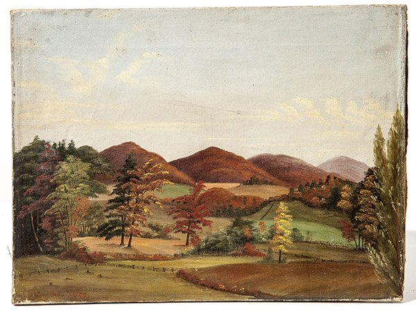 Lucy Collin 1862 Folk Art Painting: A folk art painting on canvas of a fall landscape with rail fence. Signed "Lucy Collin" and dated "1862." Sight 11 1/2" x 15 1/2".