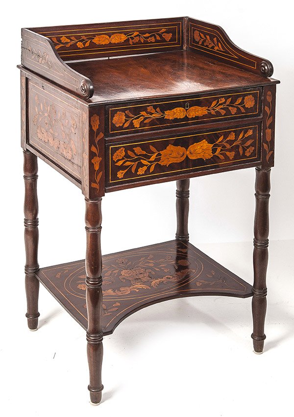 Marquetry Inlaid Rosewood Stand: With scroll-cut gallery with turned rosette terminals, inlaid the sand burned satinwood vining flowers bordered with sting inlay on interior and exterior, thumb molded overhanging edge over two gradua