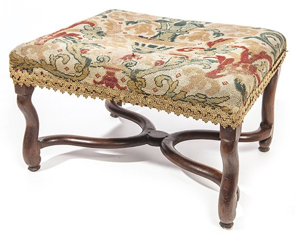 William & Mary Style Dressing Bench: 19th Century in mahogany with scroll carved legs and X stretcher, top with original tapestry cover, 20 x 24 x 15 1/2" high.