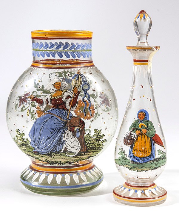 Stiegel Type Decorted Vase & Cologne: Vase with polychrome enameled figure of a lady spinning wool into thread on one side, and branching flower on other and all over geometric and floral, 8 1/2" high with snapped pontil. Cologne with pea