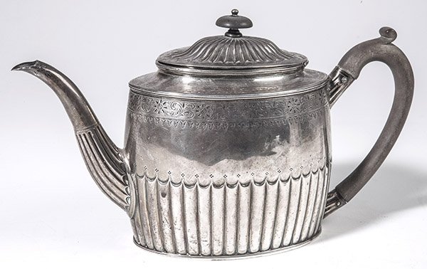London 1832 Sterling Teapot: With the following marks on base: Geo. II head, rampant lion, cowned leaopard head, lower case "r" date letter (1792), and makers mark of "HG" likely Henry Green. Hand chased and engraved in Adams sty