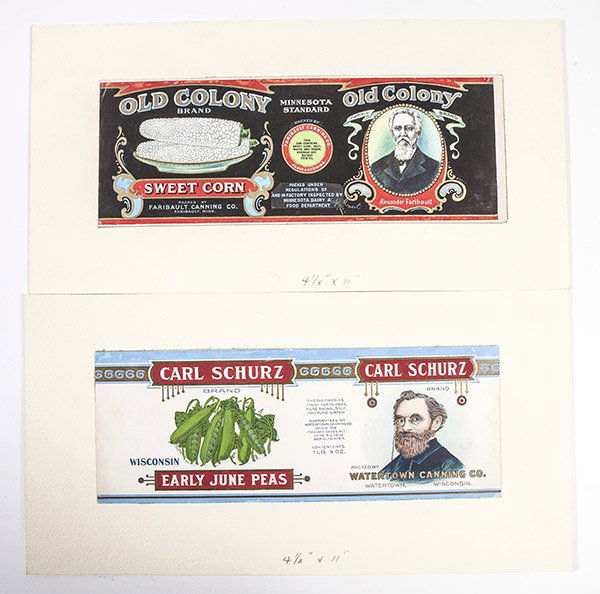Original Hand Painted Design Food Can Label Old Colony: Two beautifullydetailed hand painted artworks. One for "Old Colony Brands Sweet Corn" packed by "Faribault Canning Co., Faribault, Minn." With painting of a plate of sweet corn and "Old Colony Brand p