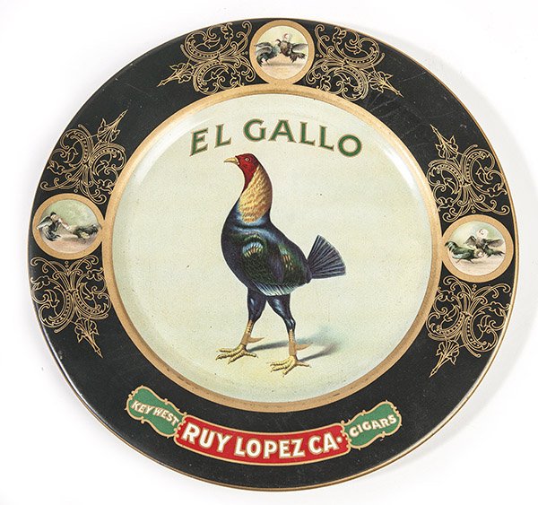 Roy Lopez El Gallo Cigar Plate: Chromolithographed tin marked on rear "Vienna Art Plates Pat. Feb. 21st 1905" with wonderful chromo figure of a fighting cock named El Gallo with 3 flanking circular vignettes of cock fights and "El G