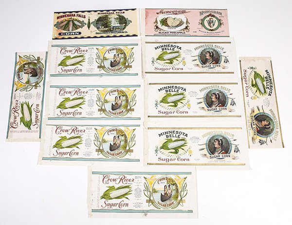 Original Food Can Labels For Minnesota Belle Crow River: Lot of eleven food can labels including: 4 "Minnesota Belle" Sugar Corn, packed by "H. P. Krusske, Mayer, Minn." great graphics of Native American girl and ear of corn, each approx. 12" x 5". Plus fiv