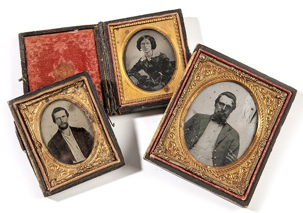 Civil War Ambrotype Photos: Lot of 3, including a quarter plate ambrotype in a half case of an unidentgified Union sergeant in uniform, plus a ninth plate of the same gentleman and a ninth plate of a young woman, likely his wife