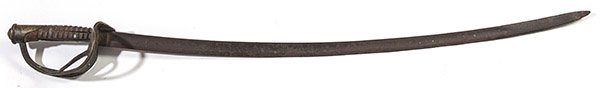 Battlefield Pickup Cavalry Saber: A Model 1860 style unmarked cavalry saber with 33 1/2 inch single edged steel blade with 3/4 length fuller, single piece brass guard/branching knuckle bow, brass domed pommel with quarter backstrap, r