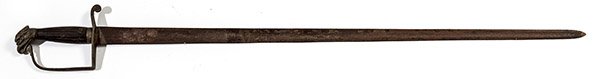 Mexican War Era Eagle Pommel Sword: With 32 1/2 inch single edged steel blade with full length fuller, unmarked, brass guard/knuckle bow, cast eagle head pommel, brass front collar and ribbed hardwood grip, total length 38 inches.