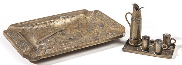 WWI Brass Trench Art: Lot of 6 pieces, including minitature tray with tankard and three steins, made from bullet casings, tray engraved "S'Mihiel 1918", pitcher is 2" high; plus a cast brass ash tray with soldier, 3 3/4 x 