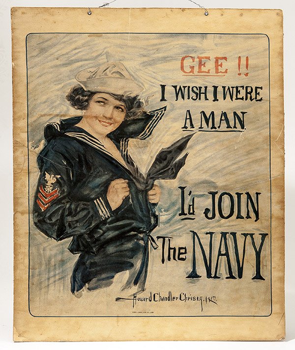 Howard Chandler Christy WWI Poster: Entitled "Gee I Wish I Were A Man" with young lady in sailors uniform, signed in print and dated 1917, marked along lower margin "NBR-13655-2-21-31-15M" with original zinc grommets at top for hanging,