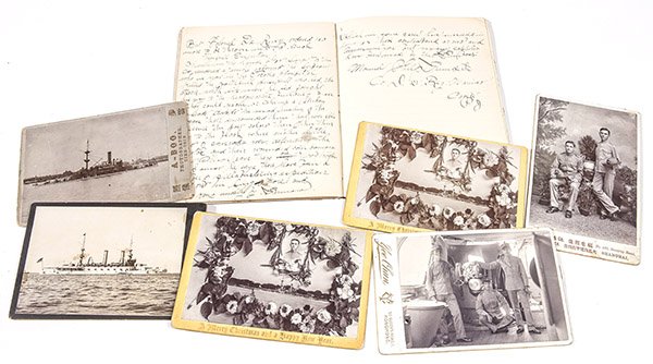 USMC Boxer Reblelion & Philippine Archive: Archive includes a manuscript notebook and 6 silver gelaton cabinet cards from USMC Private Manuel Grundish, Co. A, 1st Marine Regiment. They were set to the Philippine Islands in 1899, but with the o