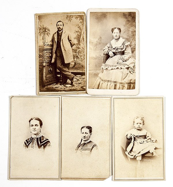 5 J.P. Ball Cincinnati CDV's: All with imprint on back "From J.P. Ball New Photograph Gallery 154 W. Fourth St. Between Race and Elm, Cincinnati, O.", incldes 3 women, one child and a man.