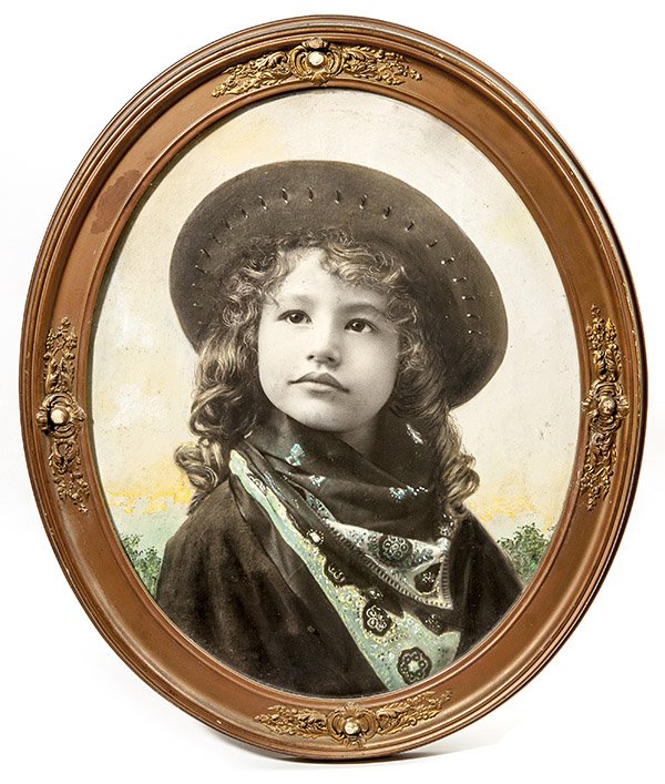 Lg Photo of Young Anne Oakley Look -a-Like: A truly cute 20 x 15 1/2" silver print photograph of a young girl dressed as a cowboy and hand colored, in original gold painted frame, 19 1/2" x 23 3/4", circa 1920.