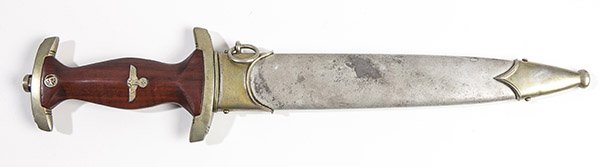 THIRD REICH SA Dagger: With 8 3/4 inch double edged steel blade, marked on left ricasso Christianswerk Solingen and ethed on righ face of blade Alles fur Deutschlandâ€ (Everything for Germany). Nickel plated brass/bronze