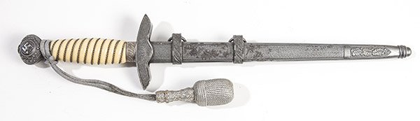 Third Reich Luftwaffe Dagger: With 10 1/4 inch double edged steel blade marked on side Fridericus Solungen, with round cast white metal pommel with laurel leaves and swastika, guard in matching white metal with spread winged eagle