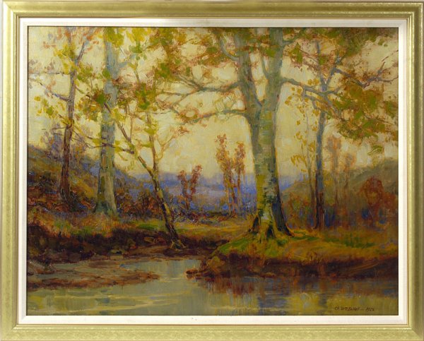 CHARLES WILLIAM DUVALL (COLUMBUS, OH) OIL PAINTIN: Charles William Duvall (Columbus, OH. 1864-1966) landscape 28" x 36" oil on canvas. Signed lower right "Ch. Wm. Duvall". Duvall was a well known Columbus, Ohio, artist who was known for his landscapes