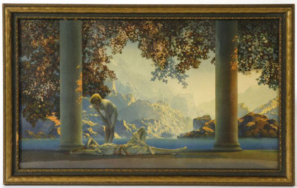 ORIGINAL MAXFIELD PARRISH "DAYBREAK" PRINT: A fine 10 1/2" x 18" Maxfield Parrish "Daybreak" print. Signed "Maxfield Parrish" and copywright by the House of Art New York. Excellent condition in original frame.