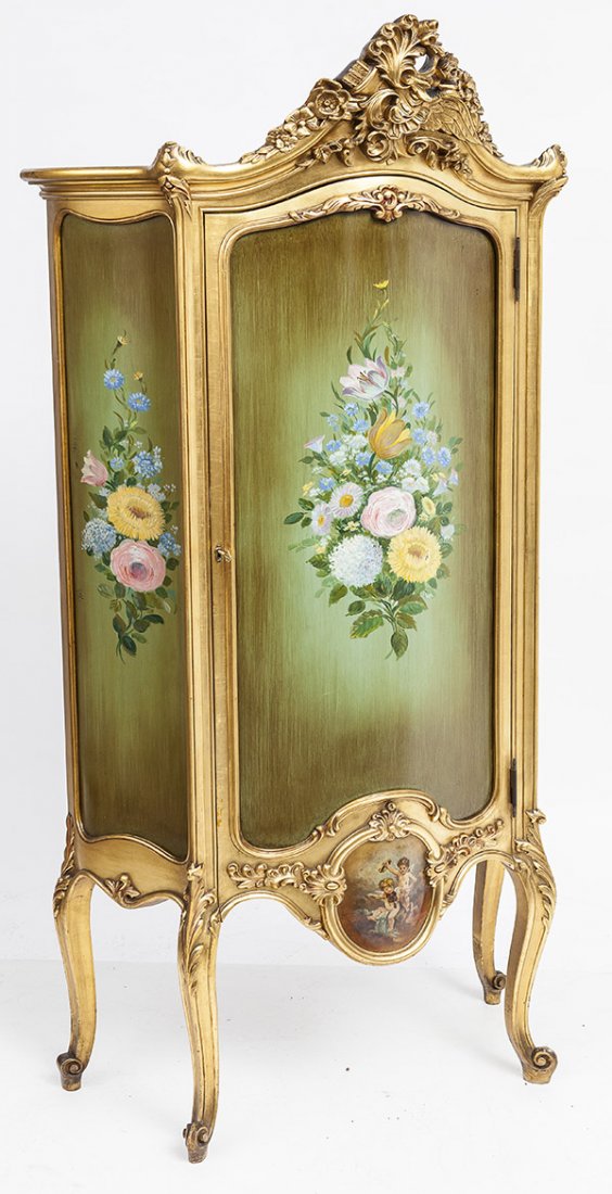 Vernis Martin Vitrine: With curved glass door and sides, original gilt finish with oval vignette on lower part of door with finely painted cherub with musical instruments, high carved floral pediment, scroll carved cabriol