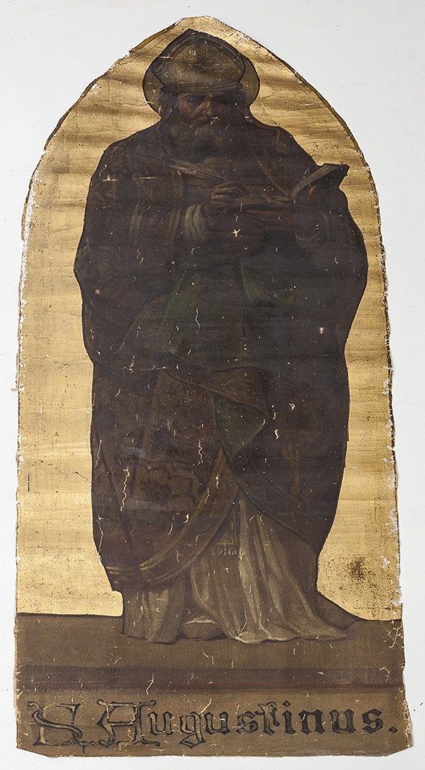 Religious Icon Painting: 34" x 89", with gothic arch shaped canvas with gold leaf backgrounds and full length portrait of St. Augustine with inscription below reading "S. Augustinus".