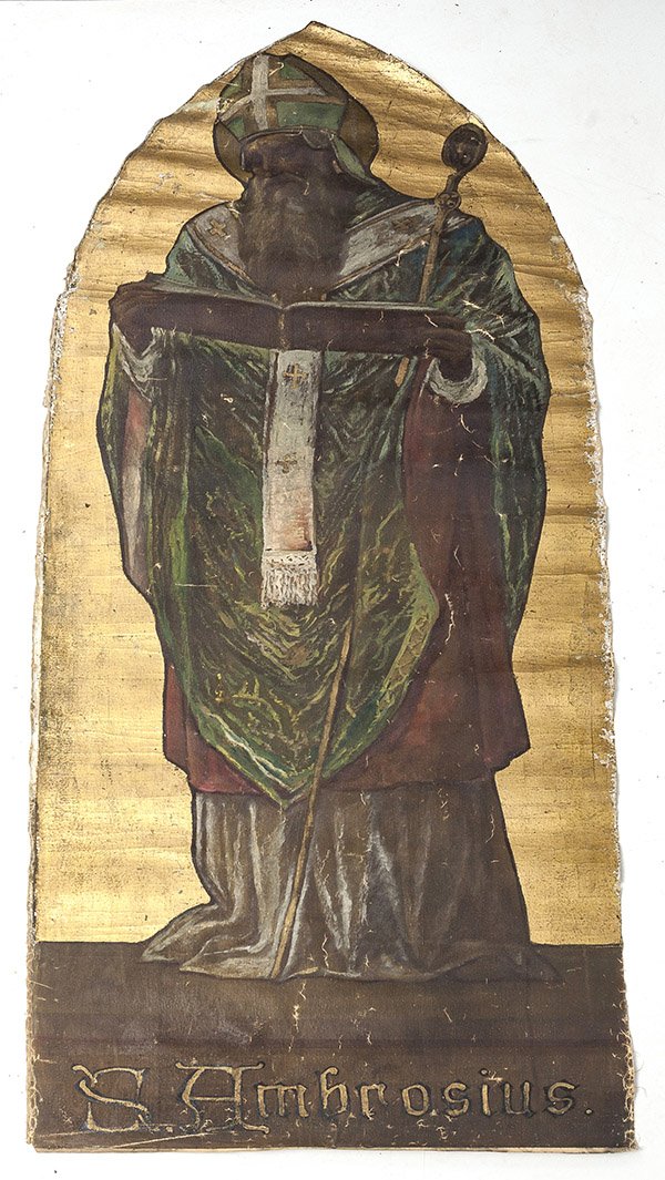 Religious Icon Painting: 34" x 89", with gothic arch shaped canvas with gold leaf backgrounds and full length portrait of St. Ambrosia with inscription below reading "S. Ambrosius".