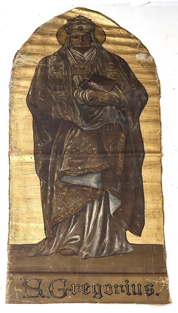 Religious Icon Painting: 34" x 89", with gothic arch shaped canvas with gold leaf backgrounds and full length portrait of St. Gregory with inscription below reading "S. Gregorius".