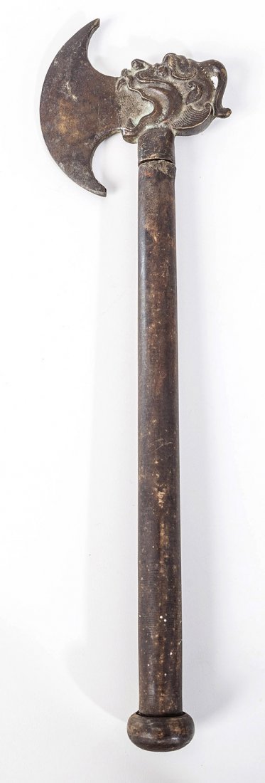 Tibetan/Chinese Bronze Dragon Axe: Cast bronze with figural dragon head and curved 4 1/4" wide blade, mounted on original hardwood shaft with ball terminal, all with nice old patina, likely 19th century. 15 1/2" long.