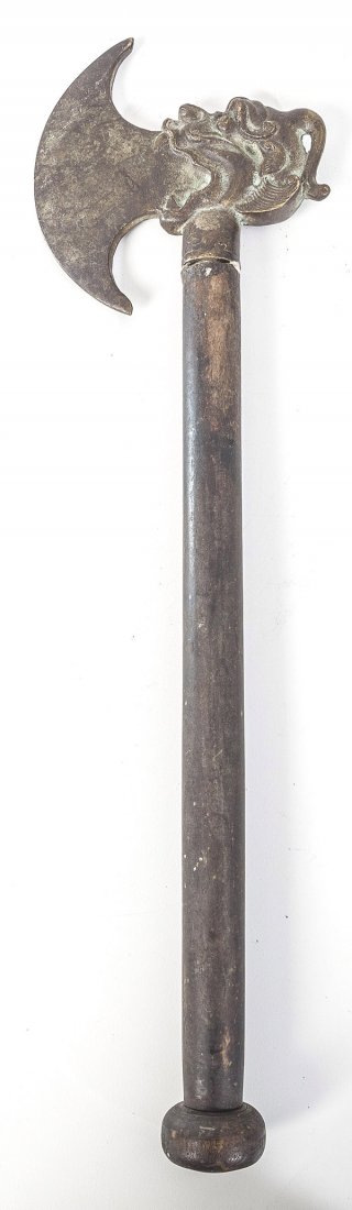 Tibetan/Chinese Bronze Dragon Axe: Cast bronze with figural dragon head and curved 4 1/4" wide blade, mounted on original hardwood shaft with ball terminal, all with nice old patina, likely 19th century. 15 3/4" long.