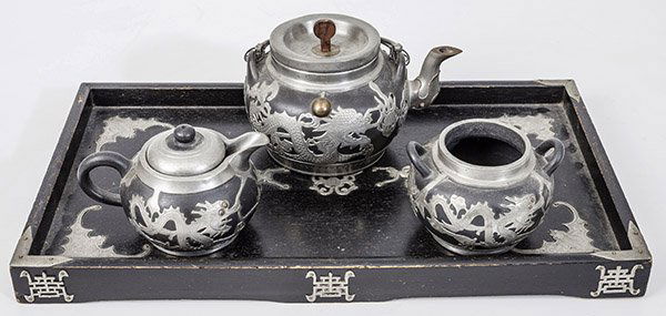 Chinese Pewter Overlay Black Stoneware Tea Set (1 of 10)