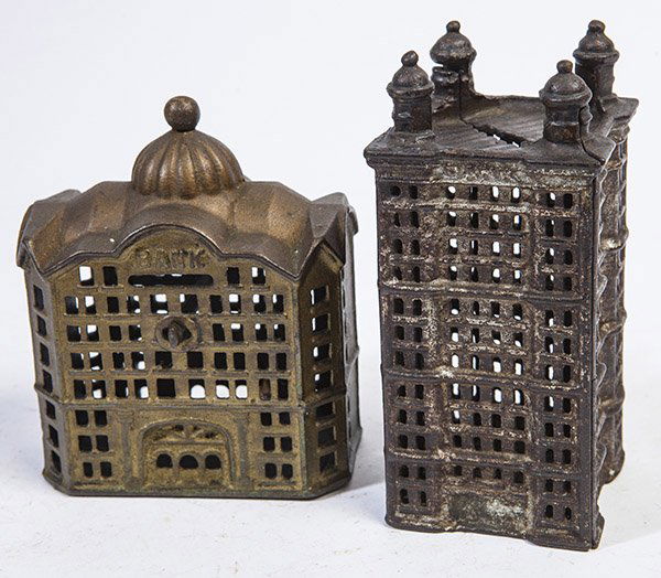 TWO CAST IRON BUILDING STILL BANKS (1 of 6)