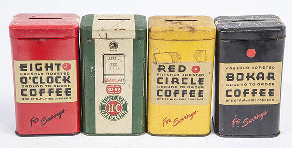 FOUR CHROMOLITHOGRAPHED TIN STILL BANKS (1 of 5)