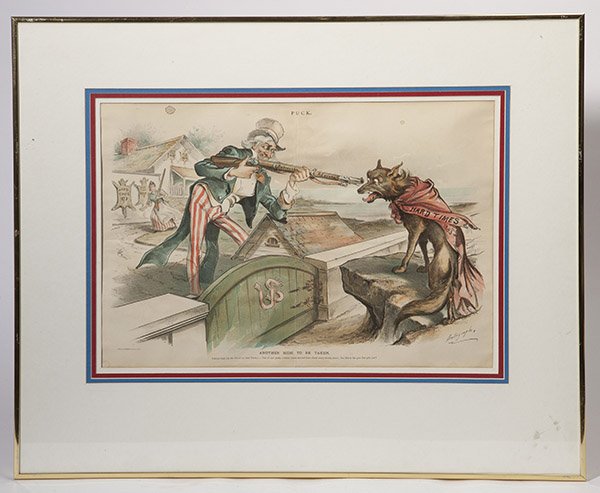 PUCK CHROMO OF UNCLE SAM: a fine political chromolithograph from the above magazine entitled "Another Hide to be Taken", showing Uncle Sam with rifle about to dispatch a wolf wrapped in red cloak with "Hard Times 1893" on it, 