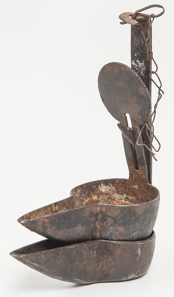 Wrought Iron Double Betty Lamp: Nested with old wire hanger, 4 x 2 1/4 x 6 1/2" high.