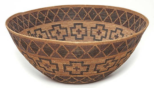 Large California Polychrome Tulare Basket: With rattlesnake design at top and bottom with band of crossed within crosses between, early 20th century, 17" diameter x 7 1/4" high.