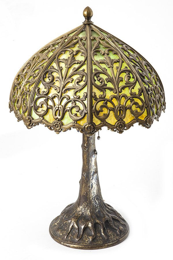 Large Bronze Overlay Slag Glass Lamp (1 of 8)