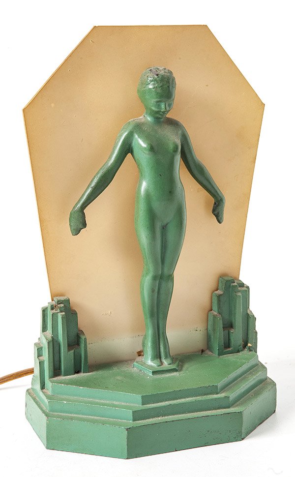 Deco Frankart Style Lamp: Figural dresser lamp, cast white metal in original bronzed finish nude woman in front of glass panel which is backlit, unmarked, 6 1/2 x 3 1/2 x 10 3/4" high.