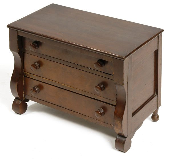 EARLY MAHOGANY THREE-DRAWER MINIATURE CHEST