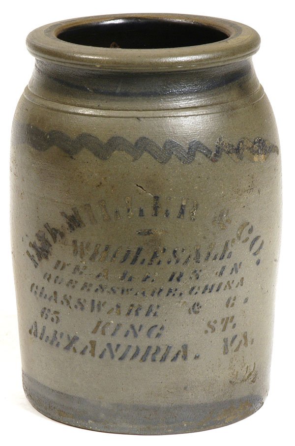 BLUE DECORATED ALEXANDRIA, VA., STONEWARE JAR
