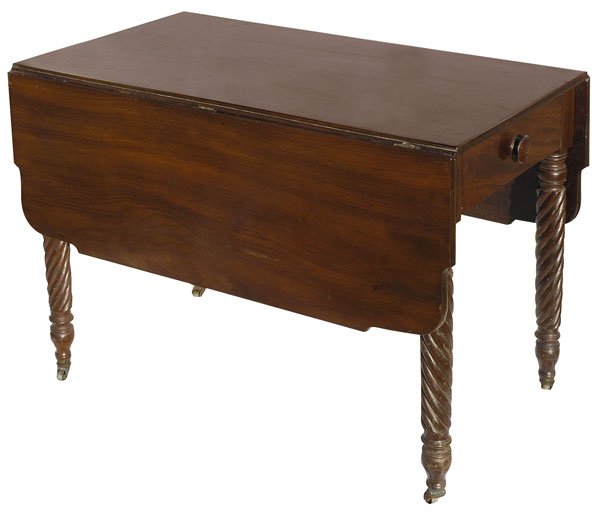 EARLY MAHOGANY DROP LEAF TABLE WITH ROPE TWIST LEG