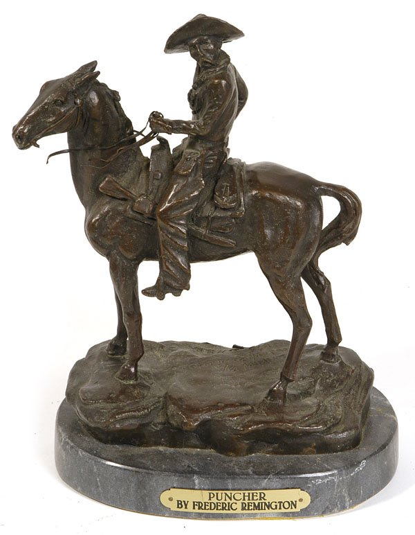 RECAST REMINGTON BRONZE OF COWBOY ON HORSEBACK