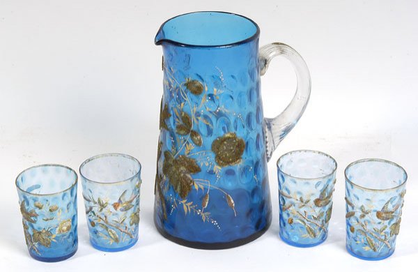 VICTORIAN ART GLASS PITCHER AND FOUR TUMBLERS WITH