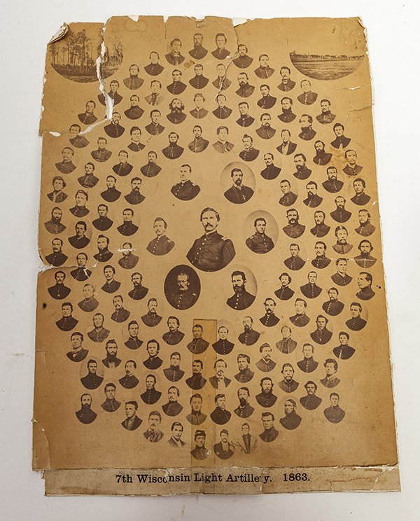 Albumen Photograph of 7th Wisconsin Light Artillery,: 11 x 15 inches showing the entire battery of 129 officer and men on oval portraits with above title printed below. The 7th, also know as the Badger State Flying Artillery were engaged at Island number