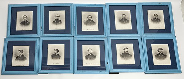 10 Framed Civil War Engravings: All of uniformed Union officers, including Col. G.W. Adams, Gen. Geo. Sears, Lt. Col. Joseph B. Curtis, Ensign Frank A Adams, Major D.A. Pell, Lt. Col. T.F. Brown and others, all circa 6 x 8 inches ma