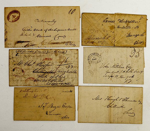 Four Early Ohio Postal Letters: All self covers. Including one dated Jan 1818 with red oval Chillicothe cancellation addressed in black ink Ohio Clerk of the Supreme Court To the C & Clermont County Ohio. 2nd letter with same red ov