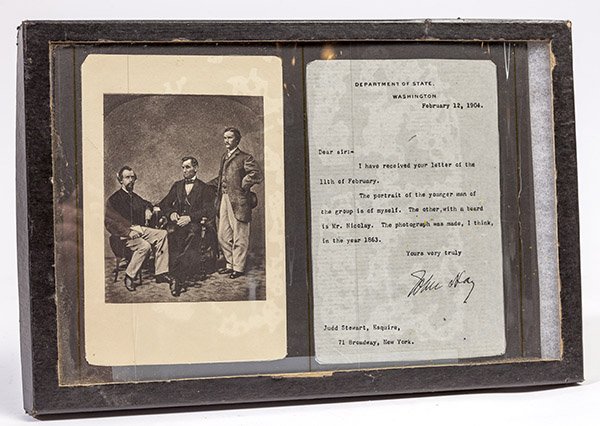 TLS Lincoln Secretary John Hay: On blue Department of State stationary reading Washington Febuary 12, 1904 Dear Sir: I have received your letter of the 11th February. The portrait of the younger man of the group is of myself. The ot