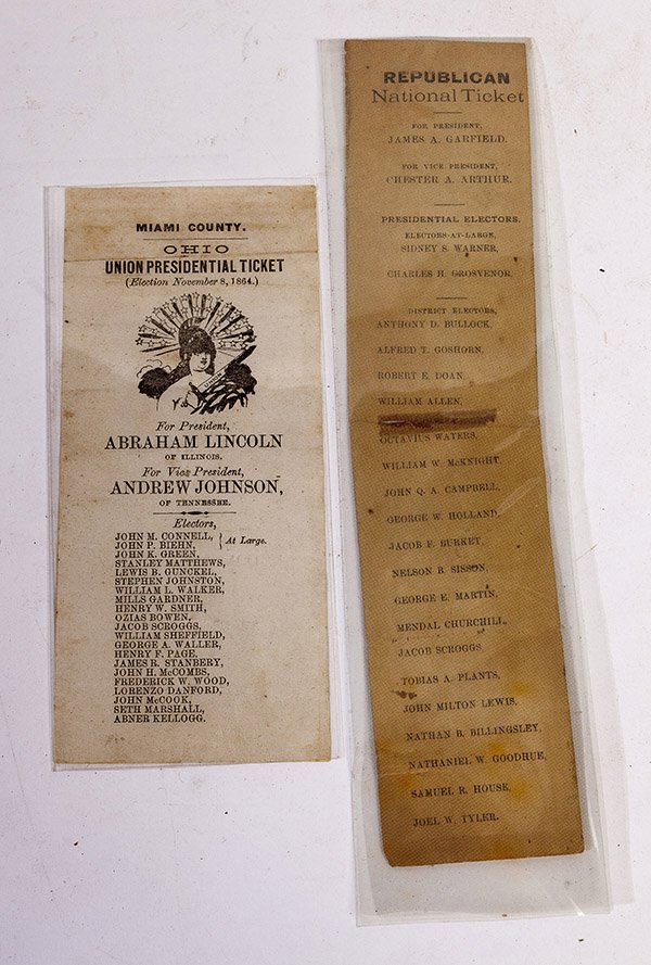 Two Lincoln & Garfield Ohio Sample Ballots: The first being illustrated with Miss Liberty holding a flag and sword, headed Miami County. Ohio Union Presidential Ticket Election November 8, 1864. For President Abraham Lincoln of Illinois For Vic