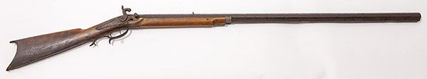 Michael Sells Augusta Ky. Long Rifle: Michael Sells 1802-1871 half stock long rifle with 38 inch circa .30 caliber octagonal barrel marked as above, engraved lock plate marked Kinson Warrented with game birds, steel front and rear sights 