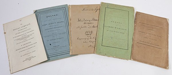 John Quincy Adams & James Madison Lectures & Eulogies: Lot of five, titles include The Social Compact, Exemplified in the Constitution of the Commonwealth of Massachusetts;â€¦ By John Q. Adams, Providence, R.I., printed by Knowles & Vose, 1842, 32pp, 