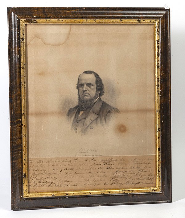 Autographed Mass. Senate 1863: Engraved and autographed portrait of President of Mass. Senate in 1863, J.E. Fried with 39 autographs of his fellow senators below, circa 17 x 22 inches in period frame, 20 x 24 1/2 inches.
