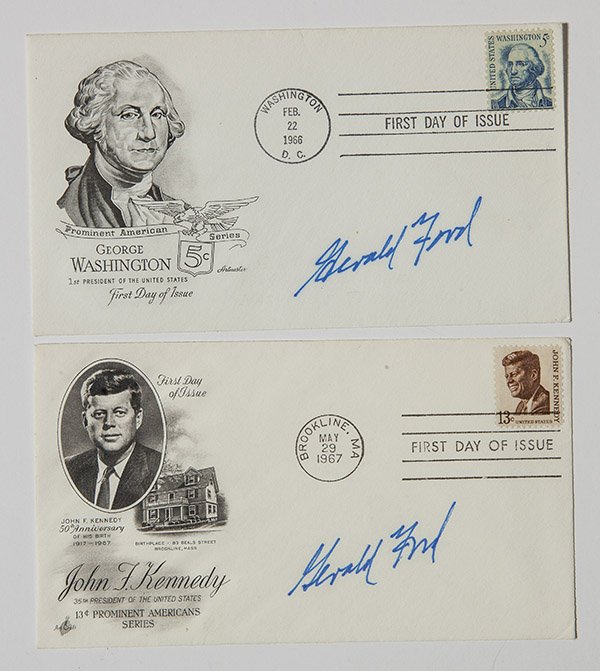 Two Autographed Gerald Ford 1st Day Covers: Both illustrated including John F. Kennedy, dated May 29, 1967 and signed in blue ink on front, and George Washington, dated Feb. 22, 1966 and signedthe same.