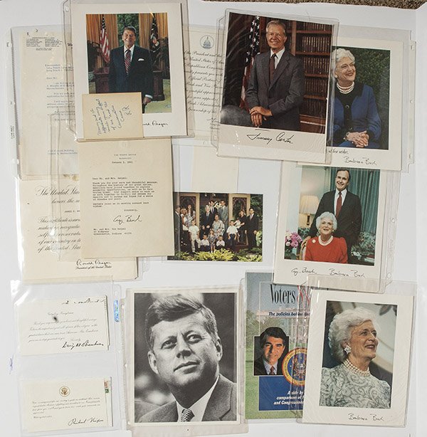 Presidential Photos Plus: Lot of 20 plus, including 8 x 10 inch photos of Kenedy & Family, Head shot of JFK, Geo. BushGeo & Barbara Bush, Reagan (2), Carter, Bush QuayleGeo. Bush, Barbara Bush (2), Farwell photo card of Nixon 